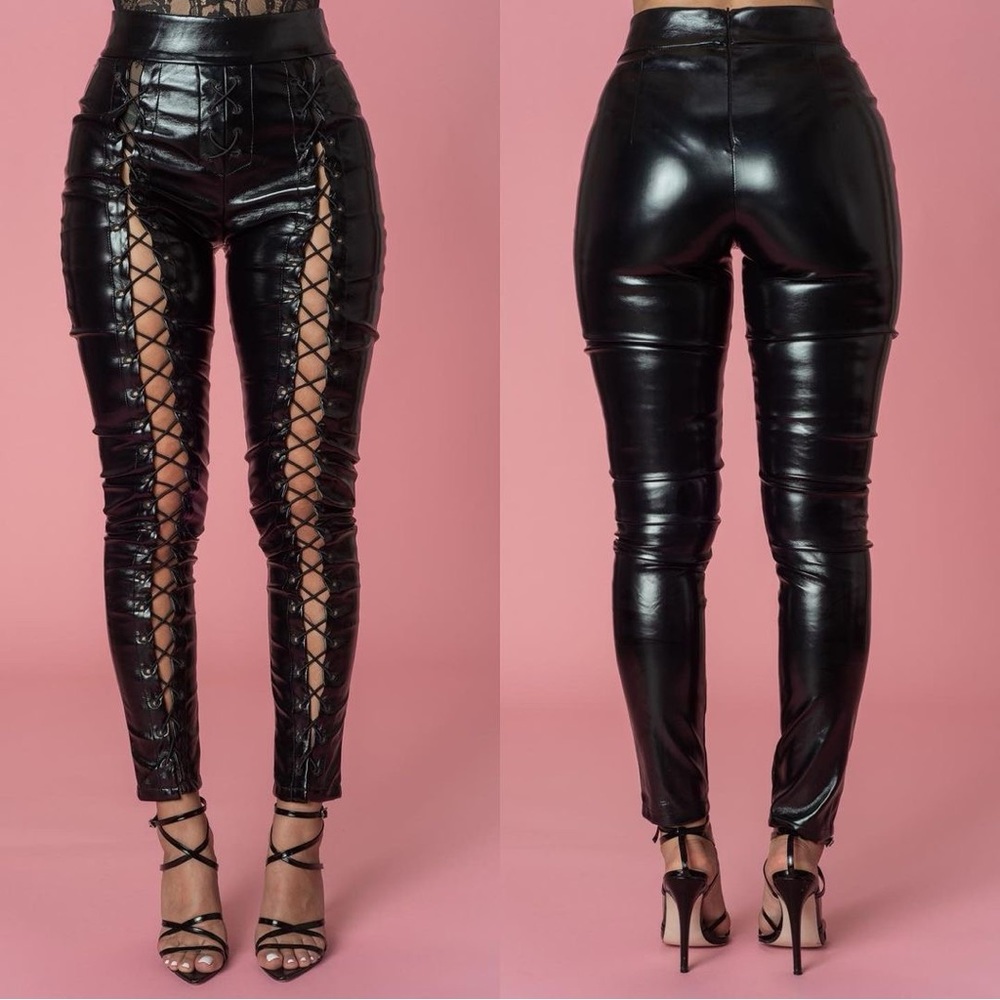 Chic The Label Zana Pant Criss Cross Patent Leather Look Pant-Black. Size Medium